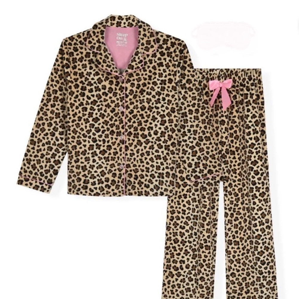 Sleep On It Girls Leopard Print Pajama Set with Sleep Mask